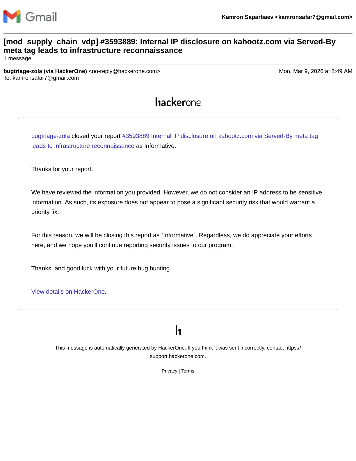 Kahootz VDP — Internal IP Disclosure